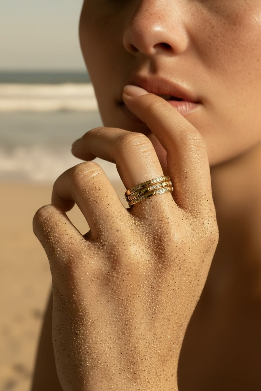 baguette bands ring stacked in gold