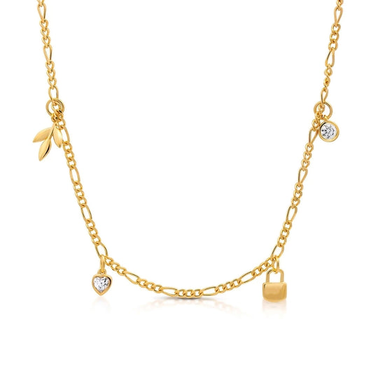 18K Gold Vermeil figaro chain necklace with stones heart, leaf and lock charms Australian design by NAIMA Jewellery
