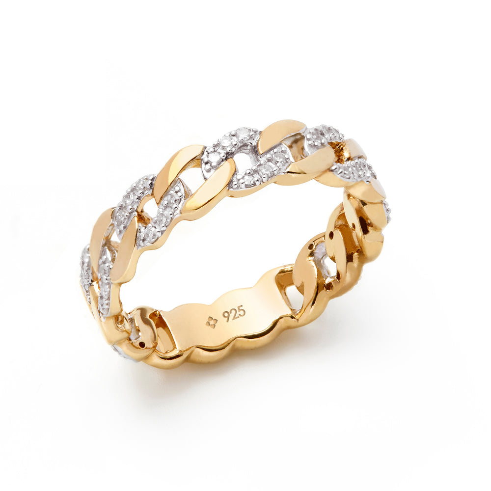 18K Yellow gold vermeil solid cuban curb link chain ring with stones and plain stackable band for him and her by NAIMA Jewellery Australia