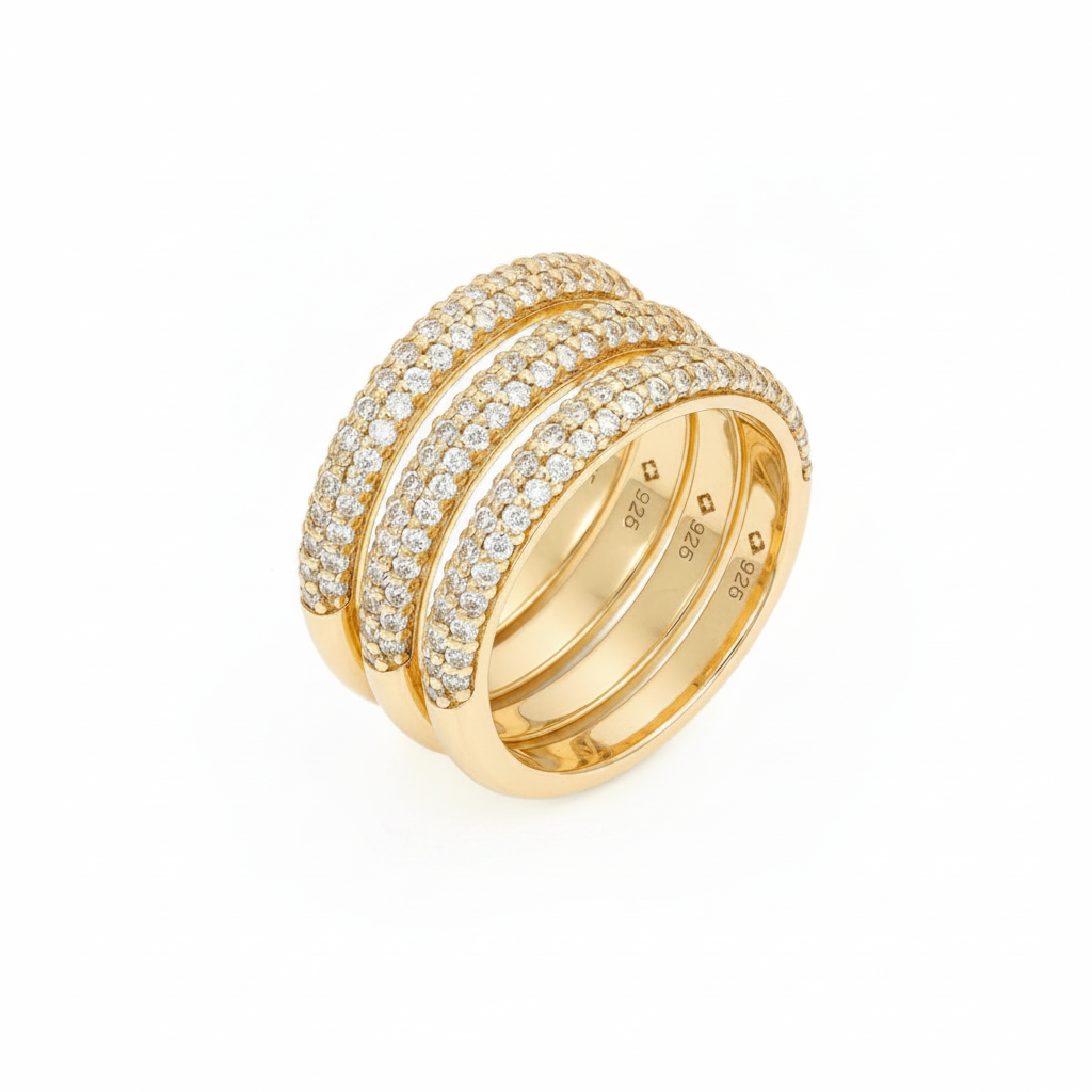pave band ring 3 rows of stones in gold