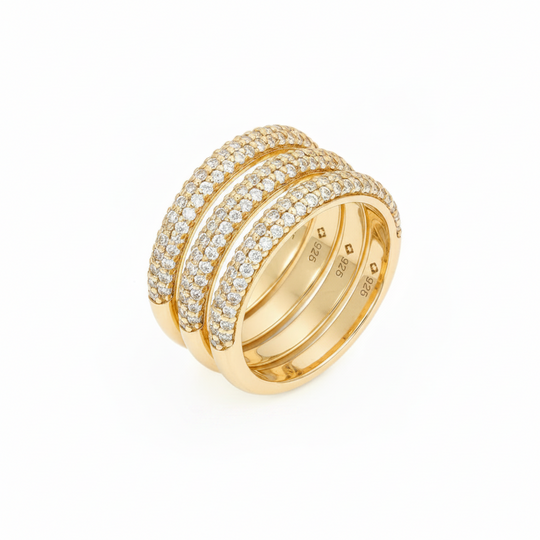 pave band ring 3 rows of stones in gold