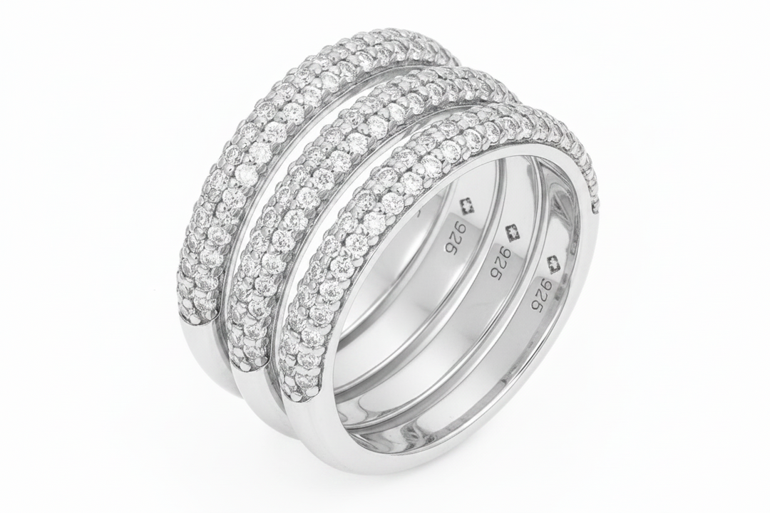 pave band ring with 3 rows of stones in Silver