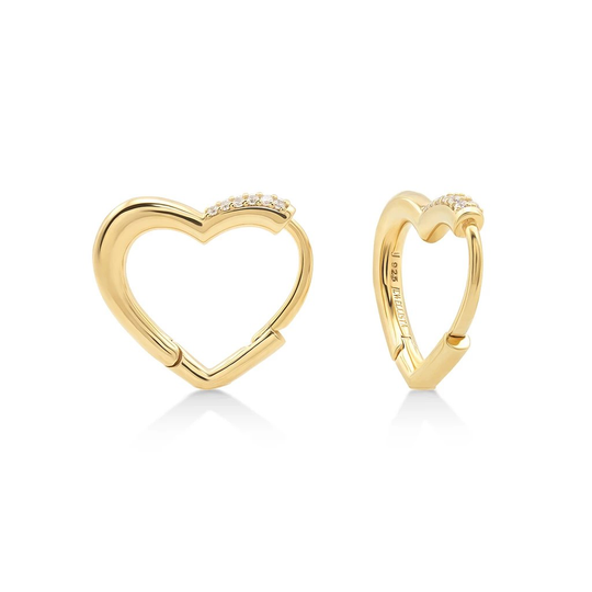 gold heart hoop earrings with stones huggie closure for stacking, ideal gift for her
