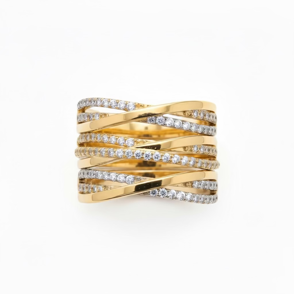 Crossover dress band ring in gold stacked