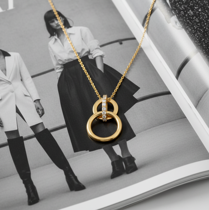 Double circles pendant with chain in gold 