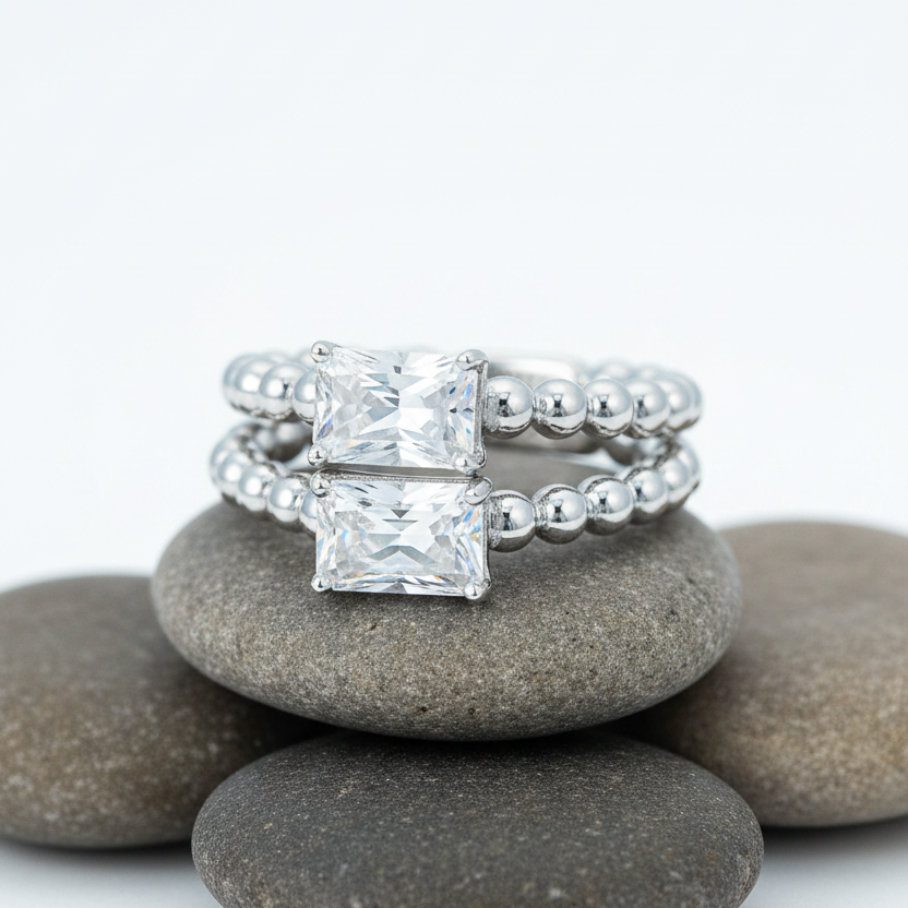 Emerald cut solitaire ring beaded shank in Silver 