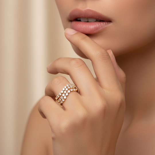 Eternity wave rings with round stones stacked in gold  