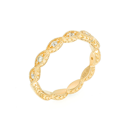Gold eternity ring Olive leaf design half with stones and half plain shank