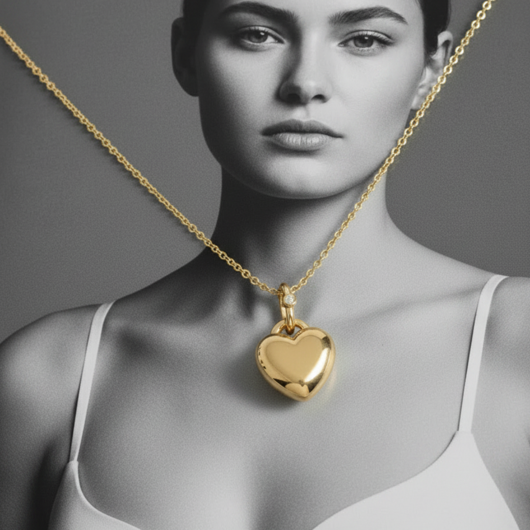 Plain puffy heart pendant necklace in gold