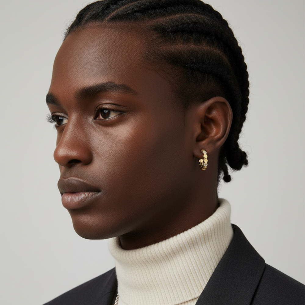 Gold honey hexagon hoop earrings on male