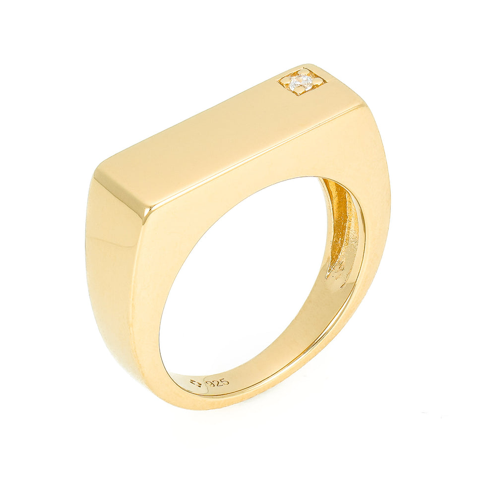Gold slim rectangle signet ring with a stone