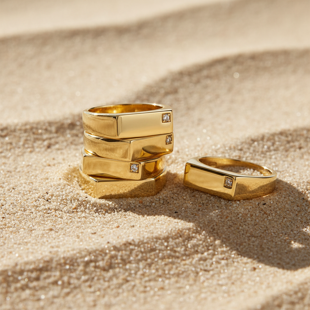 Gold Slim Rectangle Signet rings with one stone stack