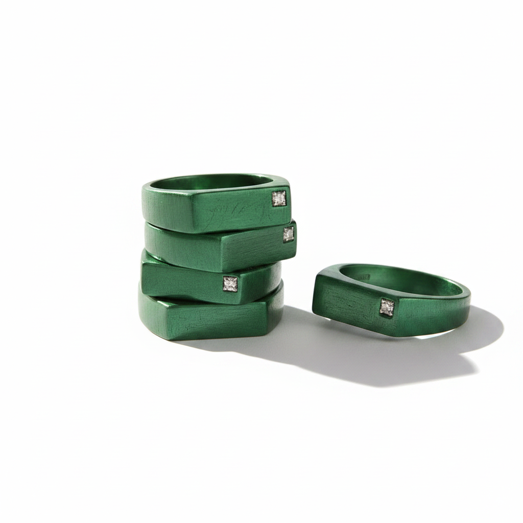 Slim rectangle signet ring in green wax
