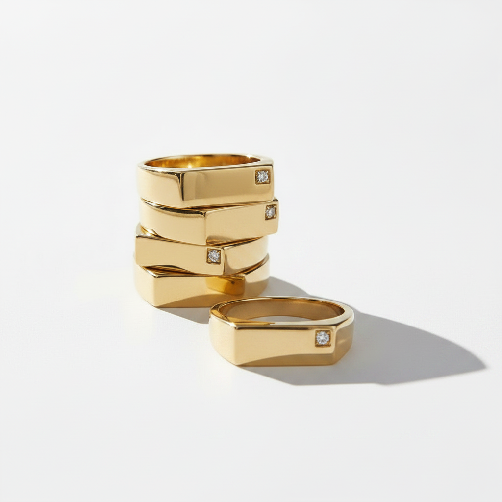 Slim rectangle signet rings stack in gold