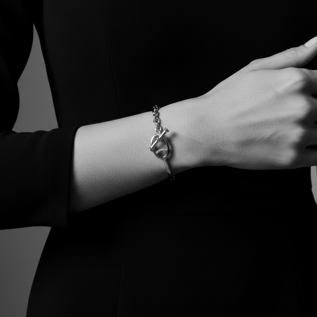 Half chain half bangle T bar bracelet in Silver