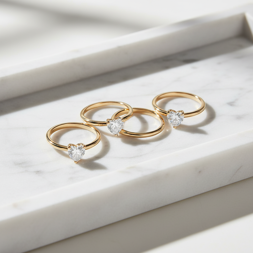Set of gold solitaire rings with heart stone on a marble surface