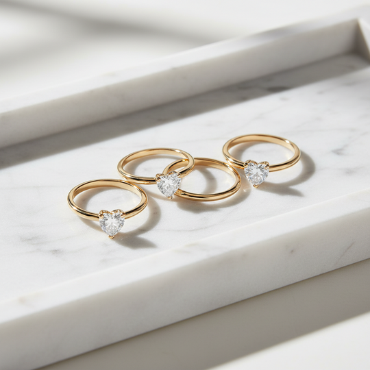 Set of gold solitaire rings with heart stone on a marble surface