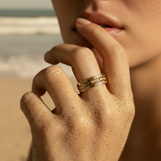 Bar and pave stone band rings stacked in gold