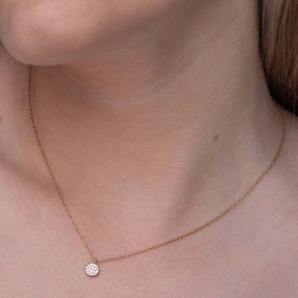round tag pave stones pendant necklace layering style by NAIMA Jewellery 2025