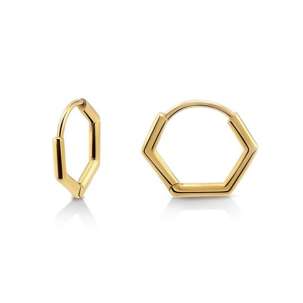 gold hexagon hoop huggie earrings plain high polished by NAIMA Jewellery for him or her