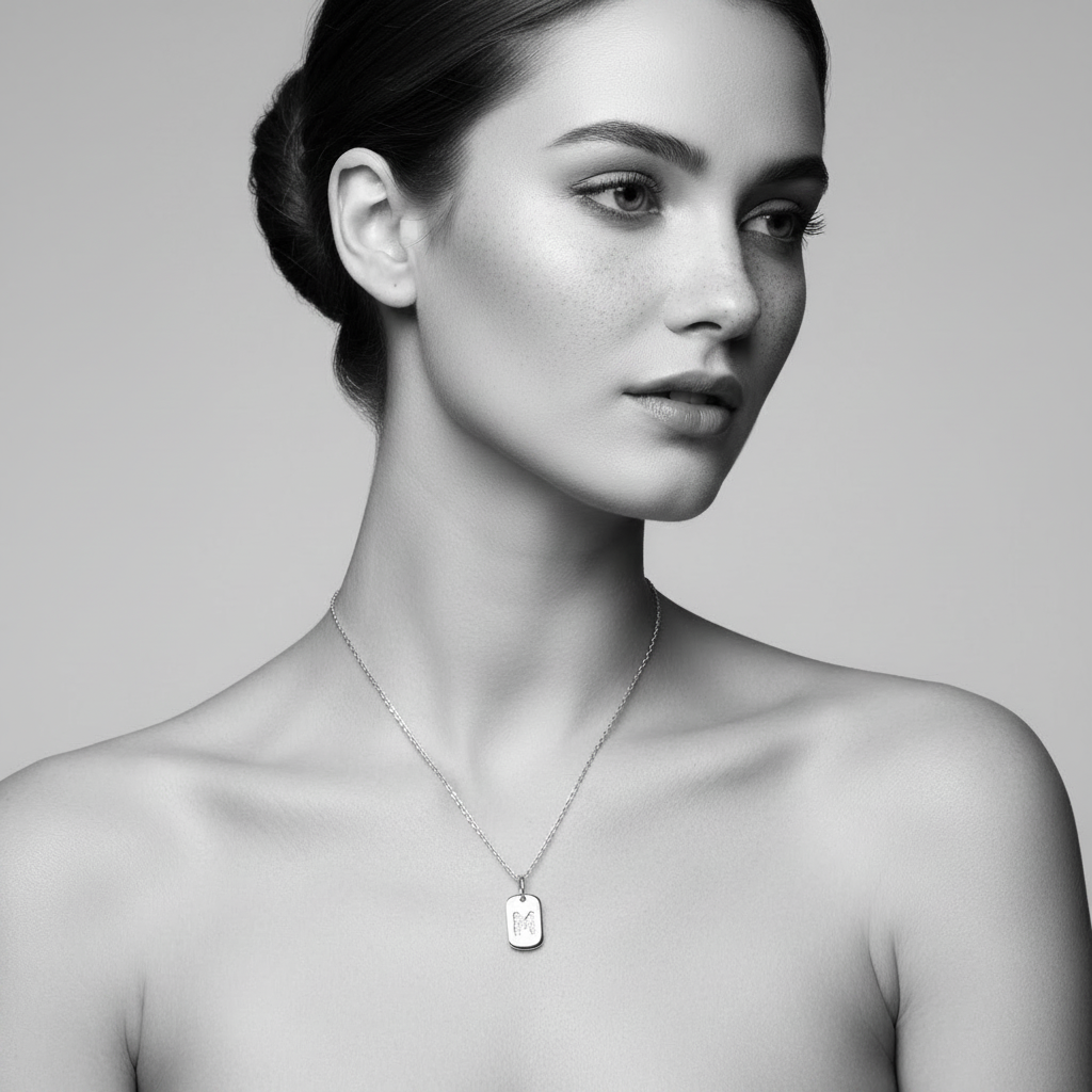 M initial pendant tag with stones in Sterling Silver