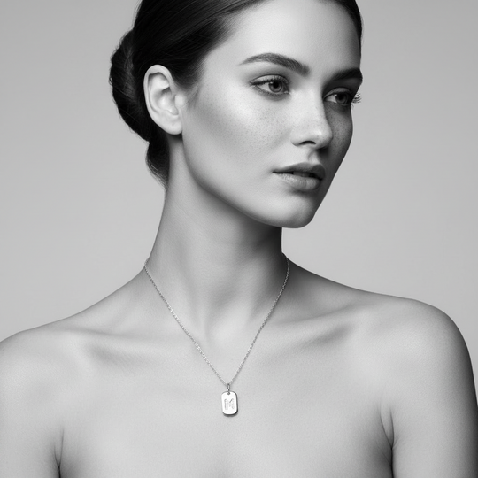 M initial pendant tag with stones in Sterling Silver