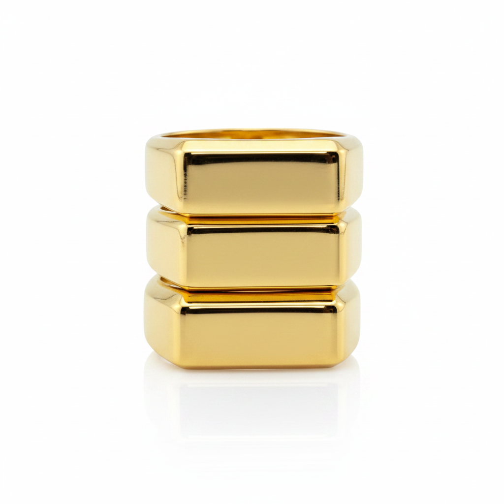 elongated rectangle signet rings stack in gold