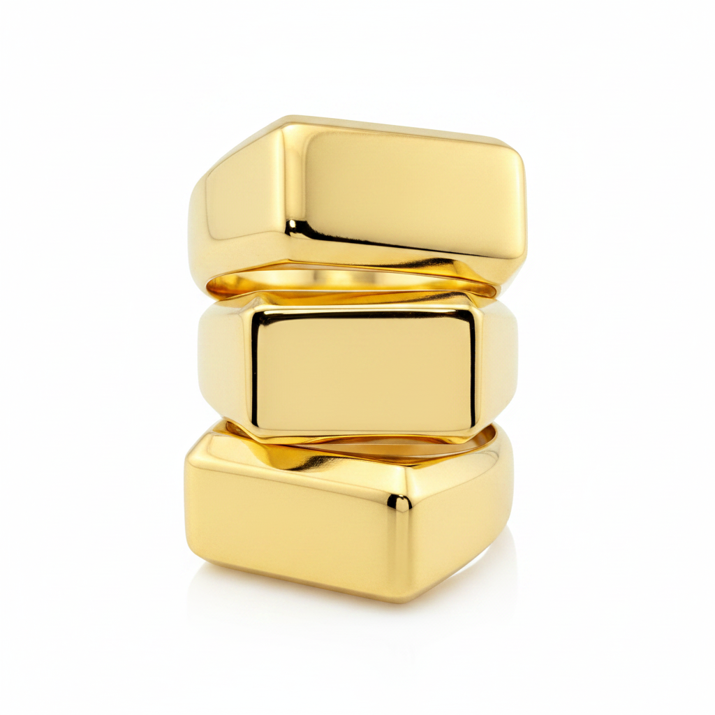 Gold elongated rectangle signet ring stacks