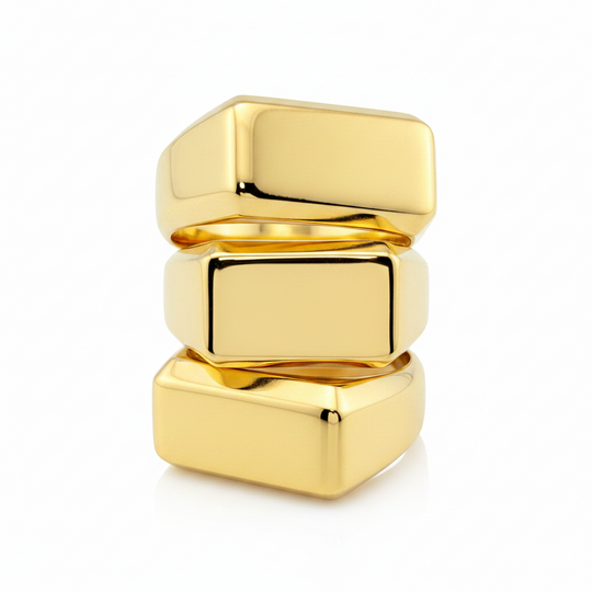 Gold elongated rectangle signet ring stacks