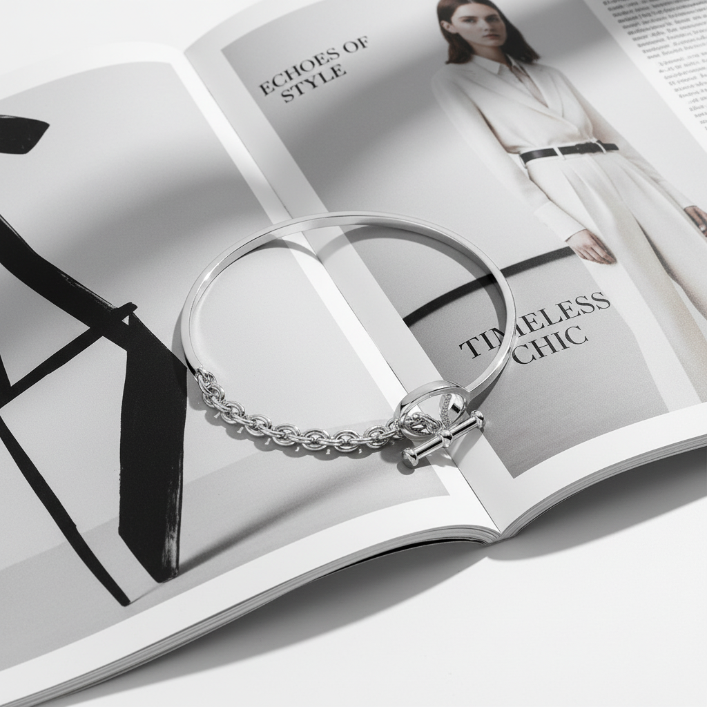 Half bangle half chain toggle bracelet in sterling silver