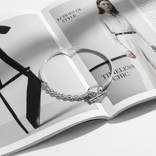 Half bangle half chain toggle bracelet in sterling silver