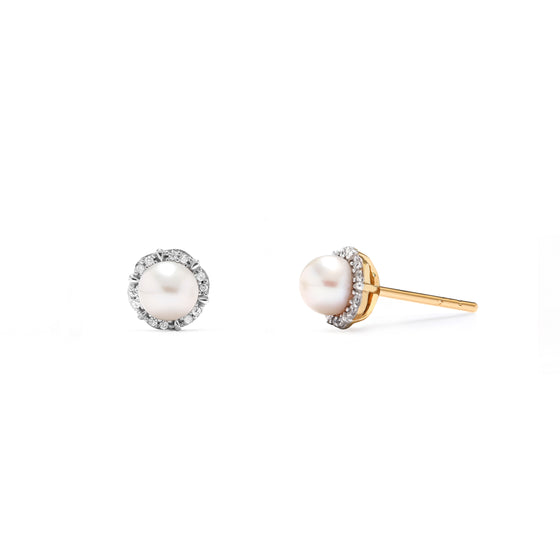 14K Solid Gold Pearl Diamond Halo Stud Earrings