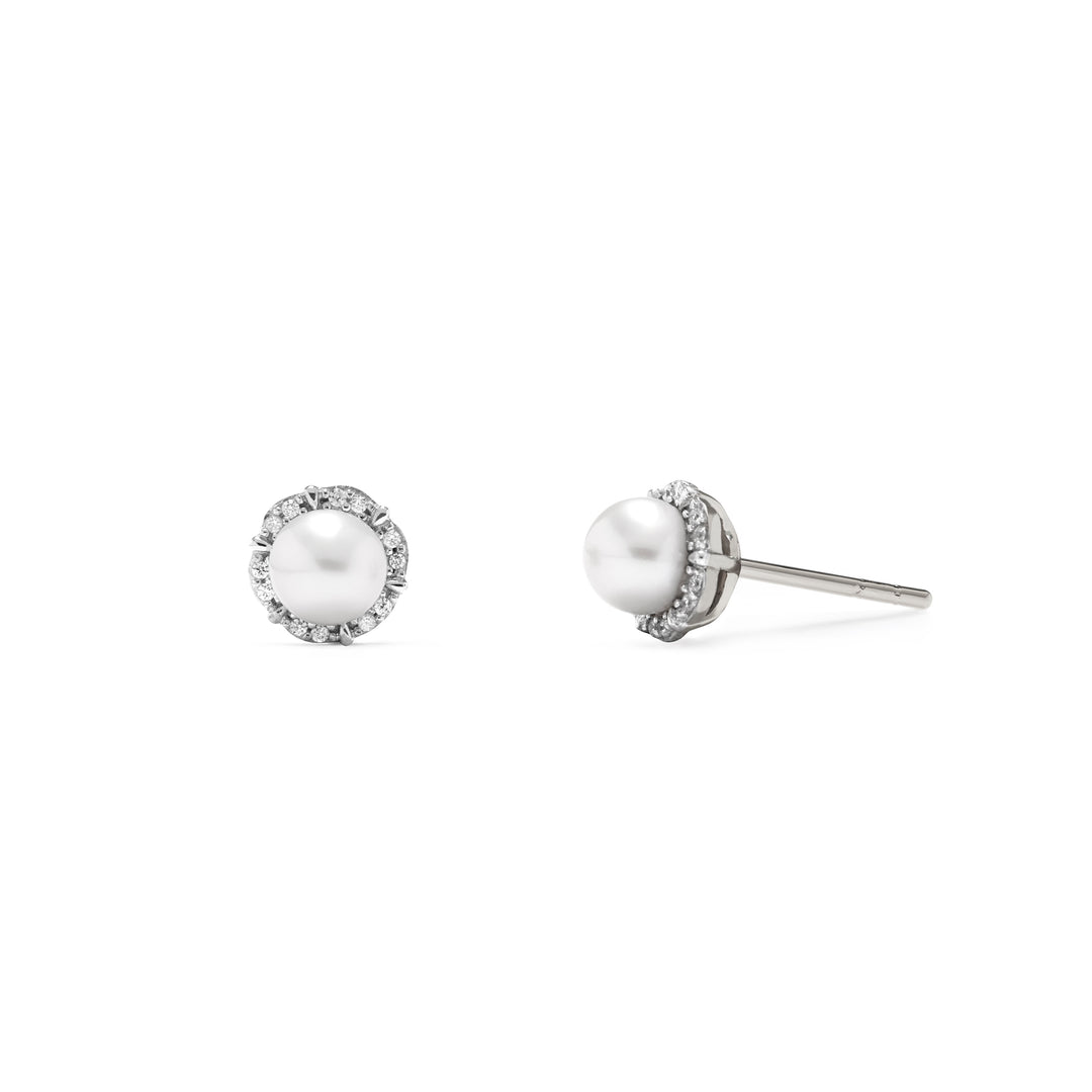 NAIMA Freshwater cultured white pearl halo stud earrings in Sterling Silver for her