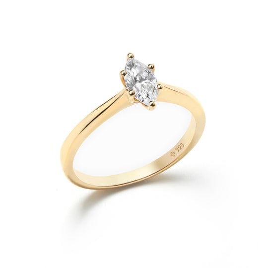 NAIMA Marquise Solitaire Promise Ring 6 claws plain shank, jewellery gift for women in 18K gold vermeil 