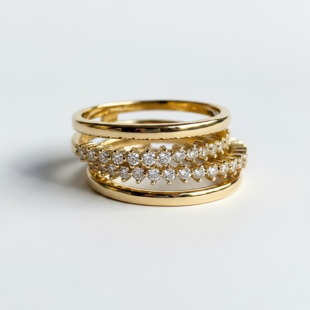 Negative space double band ring with stones in gold