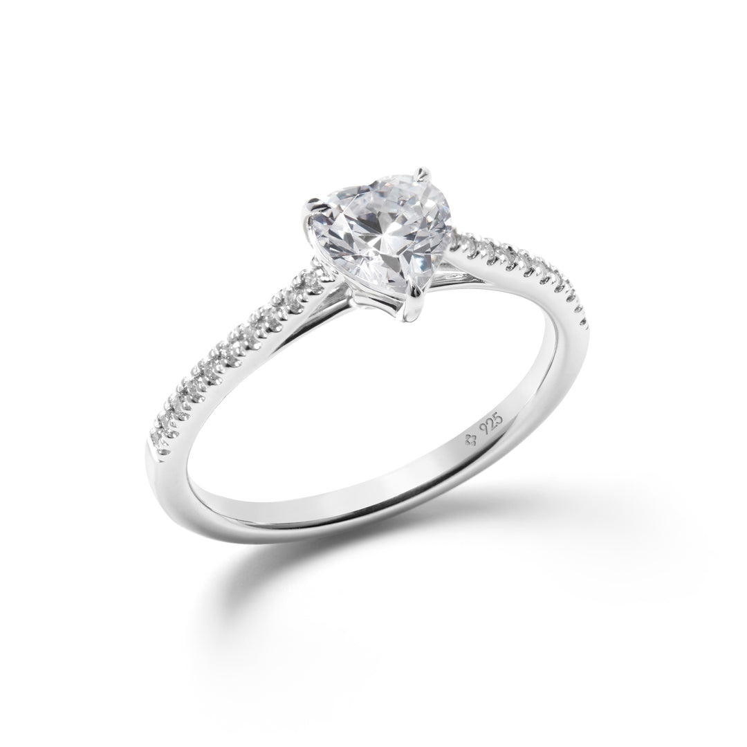 heart shape solitaire promise ring claw set with shoulder details in Sterling Silver for her