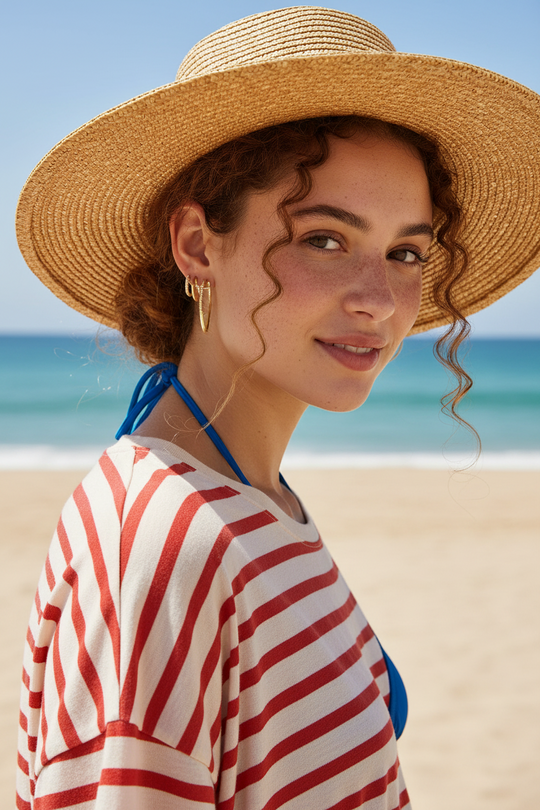 gold triple hoop earrings on her