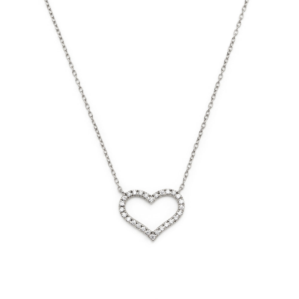 open heart pendant with stones and chain necklace in sterling silver for women