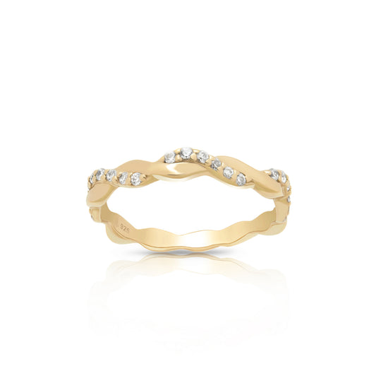 NAIMA eternity twisted vine weave design stackable band ring with white stones in 18K Yellow Gold Vermeil wedding gift