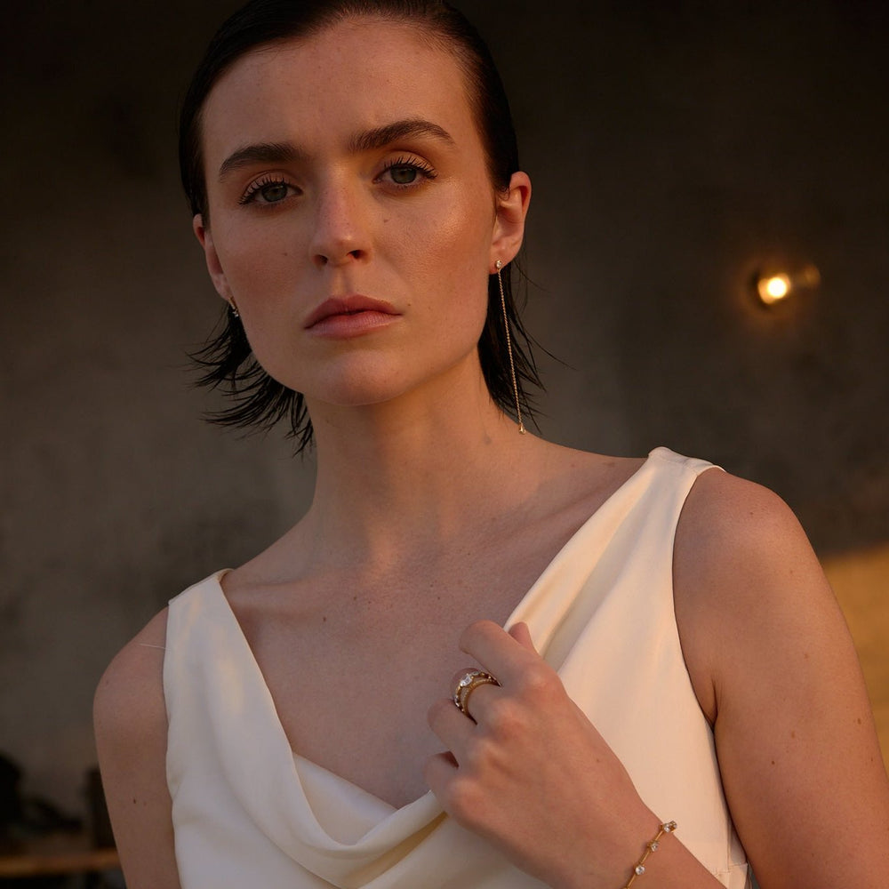 NAIMA extra long signature drop chain earrings with pear cut stone for special occasion 