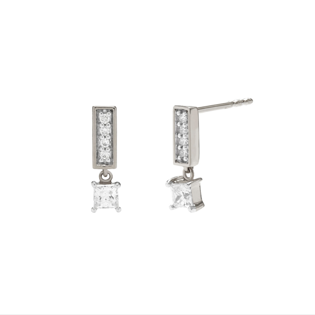 stackable minimal bar drop earrings with princess cut stones in sterling silver 