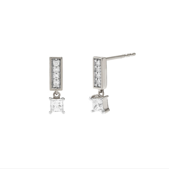 stackable minimal bar drop earrings with princess cut stones in sterling silver 