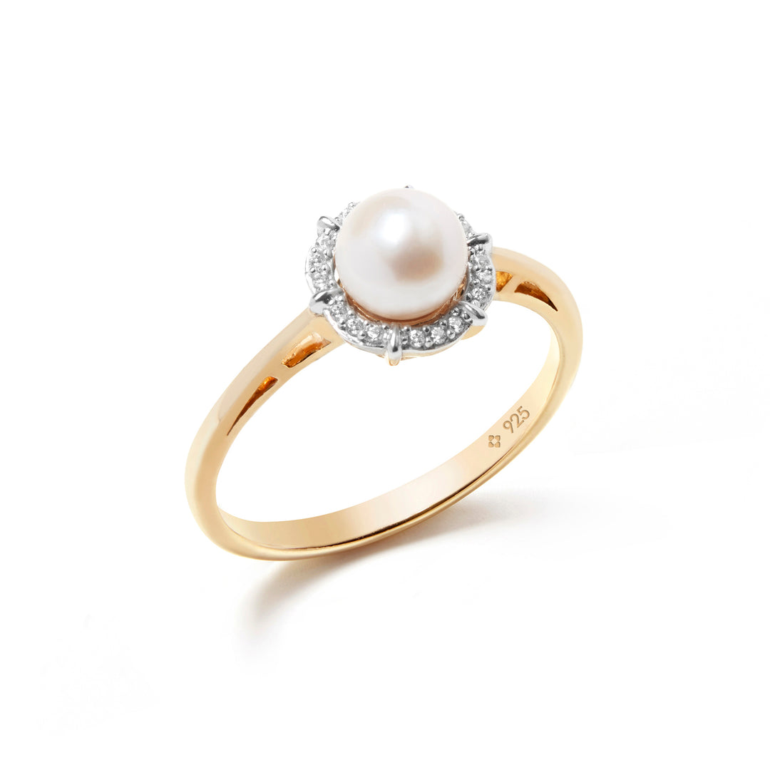 gold white freshwater pearl ring with halo, jewellery gift set for bridesmaid