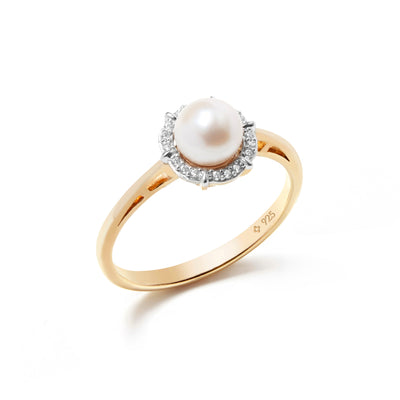 14K White Pearl Diamond Halo Ring