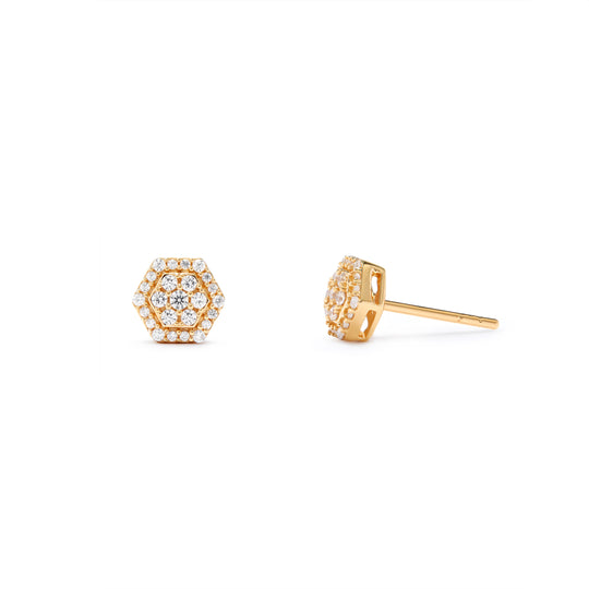 NAIMA full pave hexagon stud earrings fully set with stones for men and women in 18K Yellow Gold Vermeil
