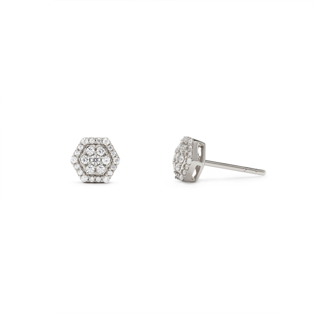 NAIMA full pave hexagon stud earrings in sterling silver 925 fully set with stones for men and women