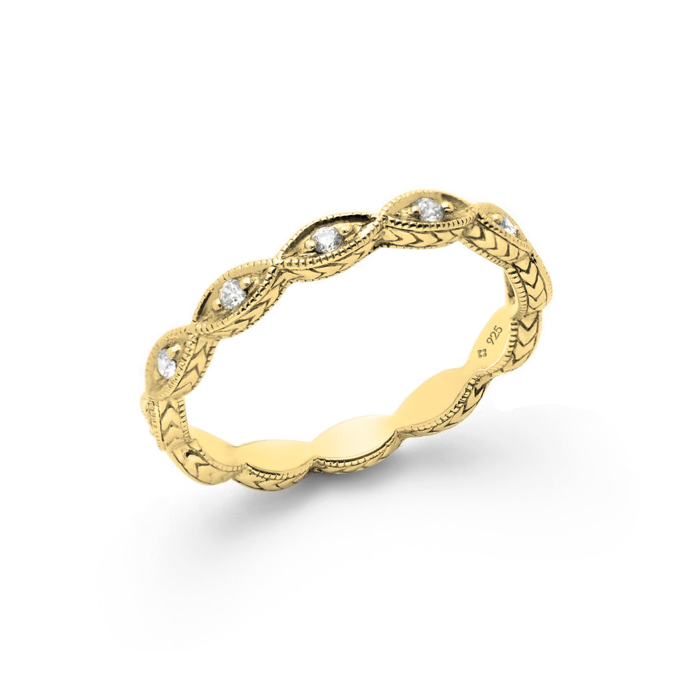 new marquise Olive leaf eternity stackable band ring by NAIMA Jewellery Australia with stones and side detail