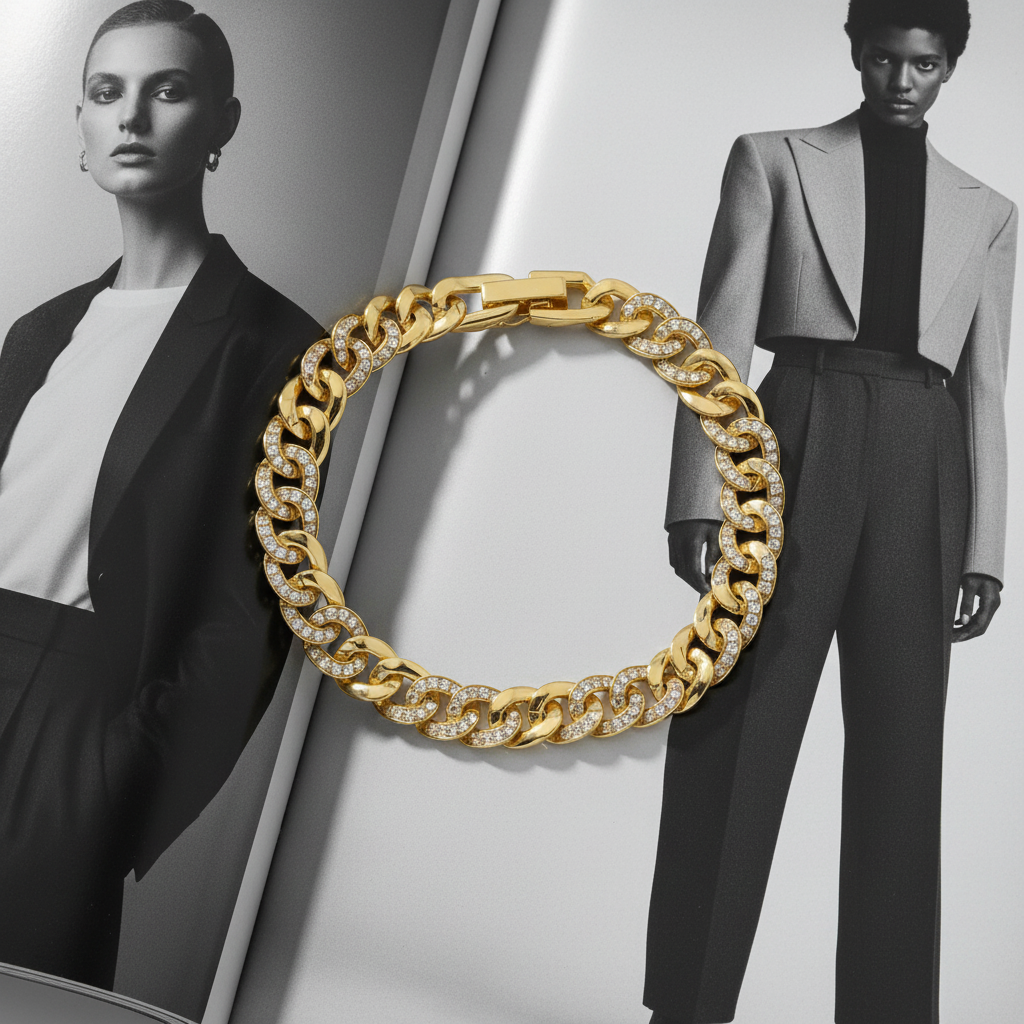 Gold Cuban chain bracelet with pave stones 