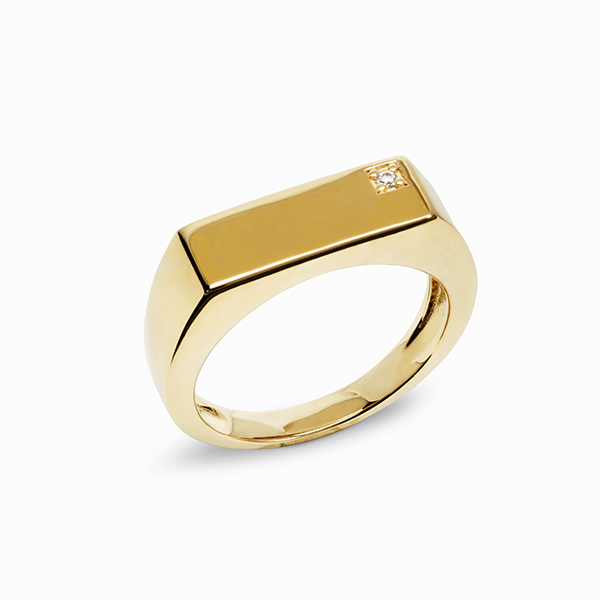 gold solid rectangle engravable Signet pinky bar ring design with white stone for men and women by NAIMA Jewellery Australia