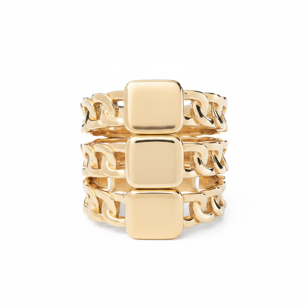 square signet rings with chain band in gold